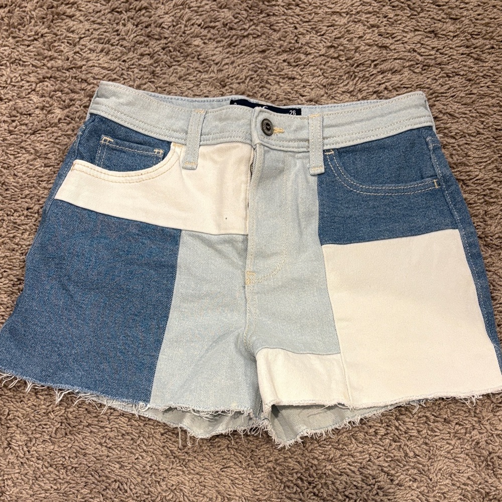 Hollister Blue and Cream Patchwork Jean Shorts